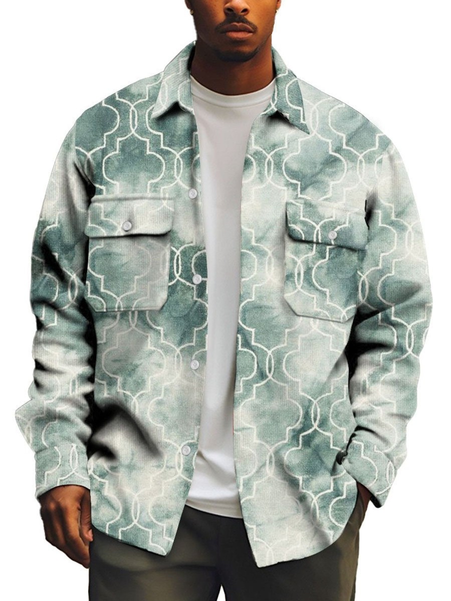 Men DJ Print Jacket | Vintage Tie-Dye Geometric Print Pocket Lapel Corduroy Jacket Photo Color