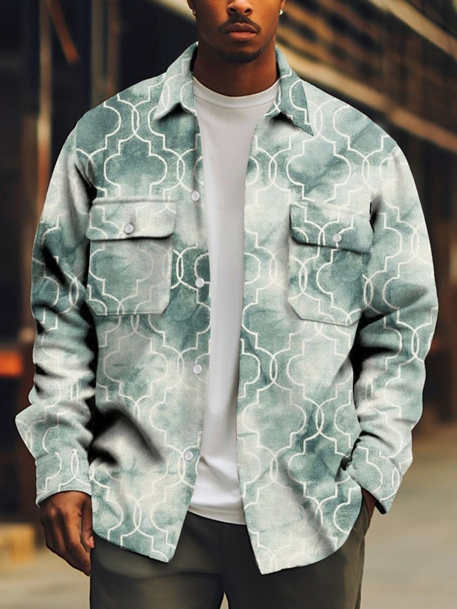 Men DJ Print Jacket | Vintage Tie-Dye Geometric Print Pocket Lapel Corduroy Jacket Photo Color