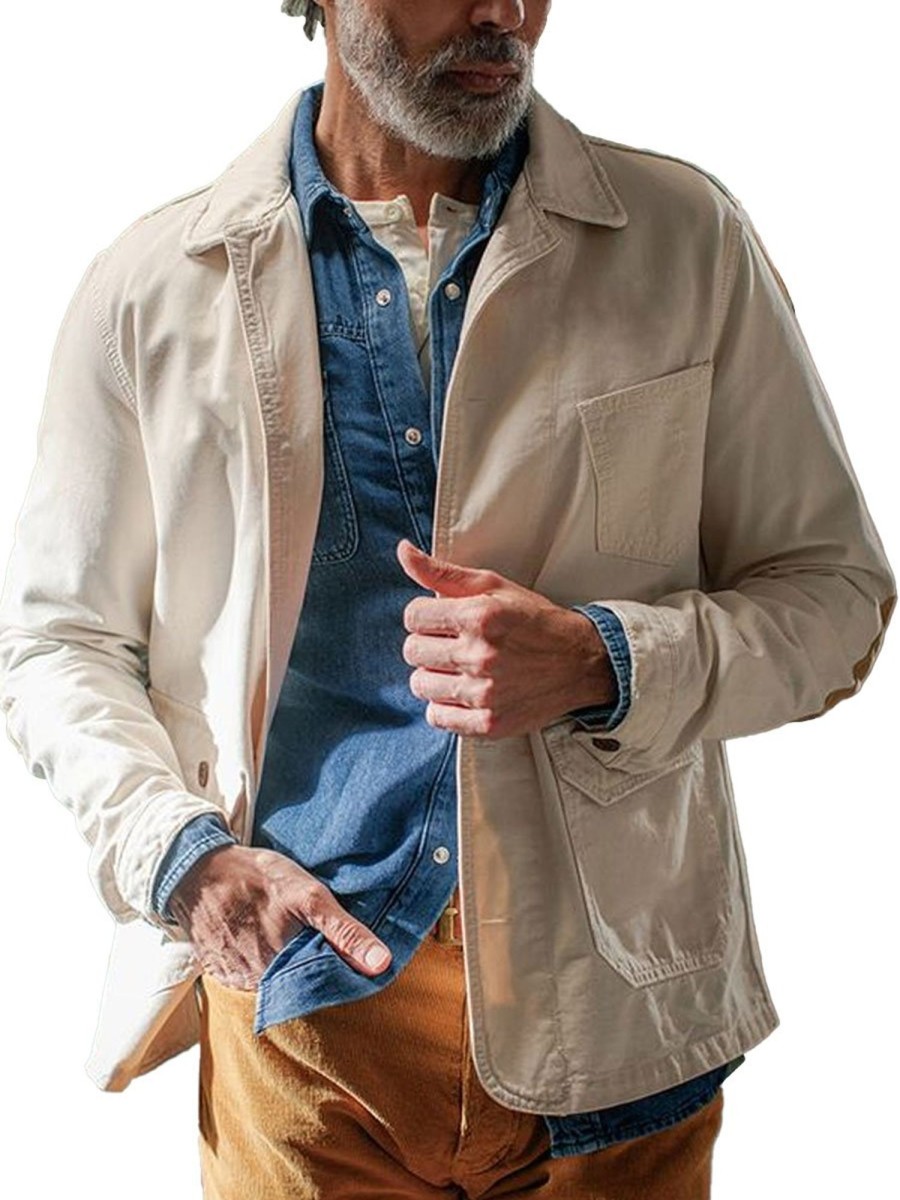 Men BXL Jacket | Men'S Multi-Pocket Solid Color Cotton Twill Retro Casual Jacket White