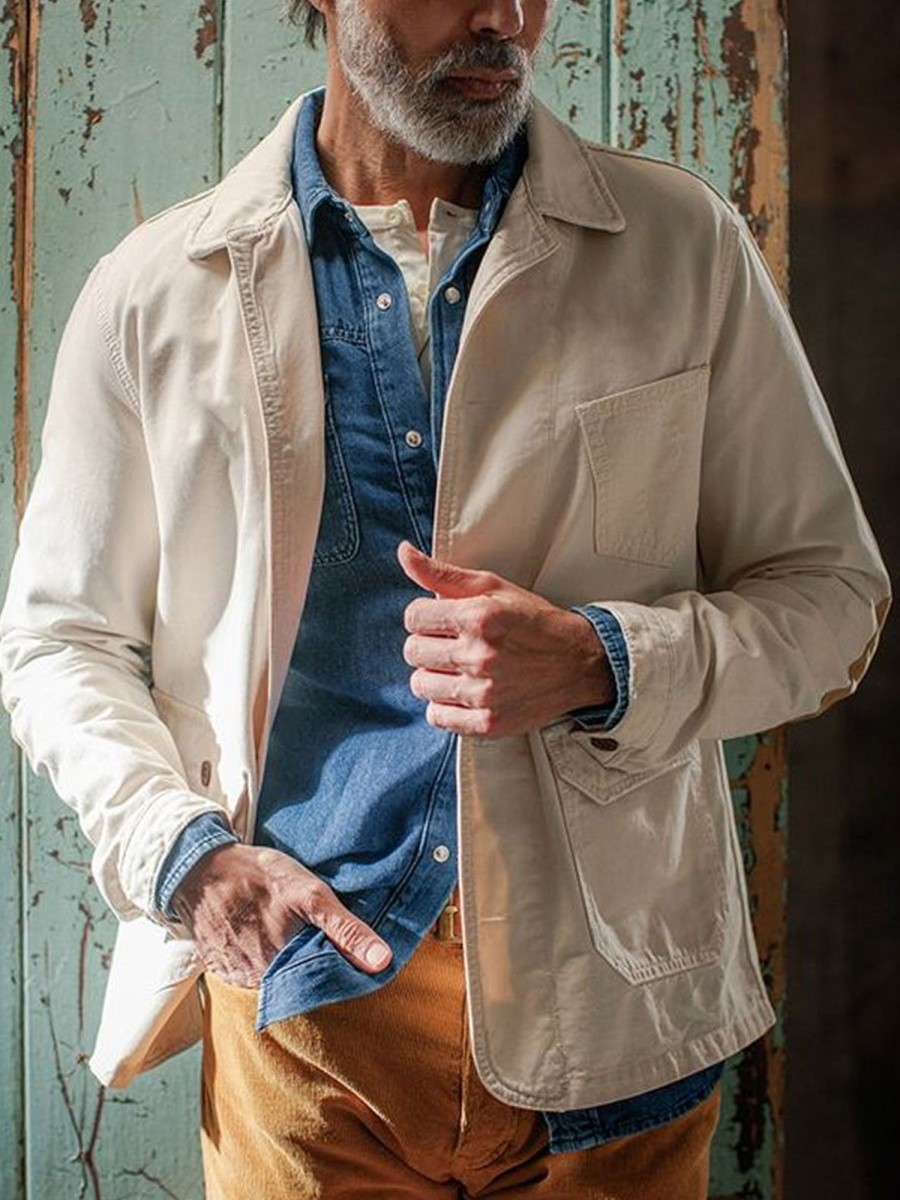 Men BXL Jacket | Men'S Multi-Pocket Solid Color Cotton Twill Retro Casual Jacket White