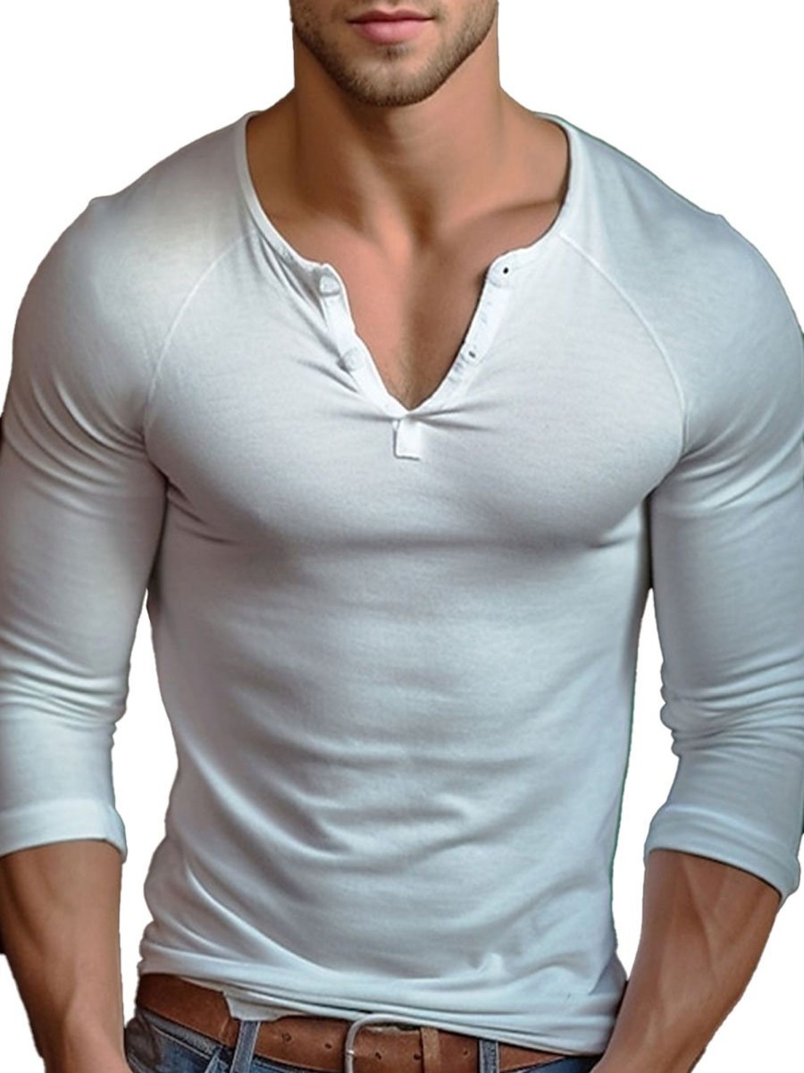 Men BXL Casual Shirts | Men'S Half Round Neck Casual Solid Color Long Sleeve T-Shirt White