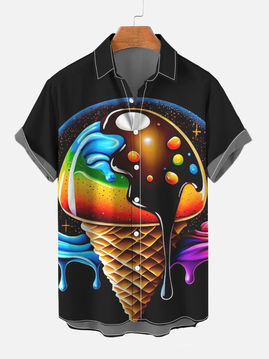 Men DJ Shirts | Ice Cream Day Pride Chocolate Piercing Ice Cream Rainbow Print Shirt Black