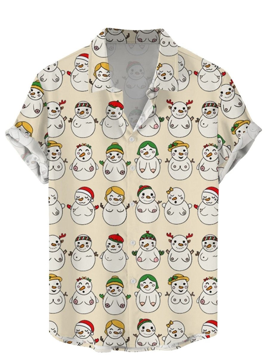 Men DJ Shirts | Fun Christmas Snowman Boobs Print Short Sleeve Shirt