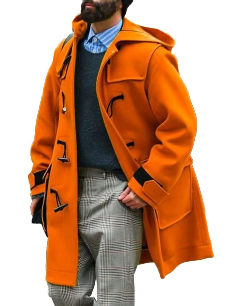 Men MY Jacket | Fashion Contrast Color Hooded Pocket Long Sleeve Toggle Coat Orange