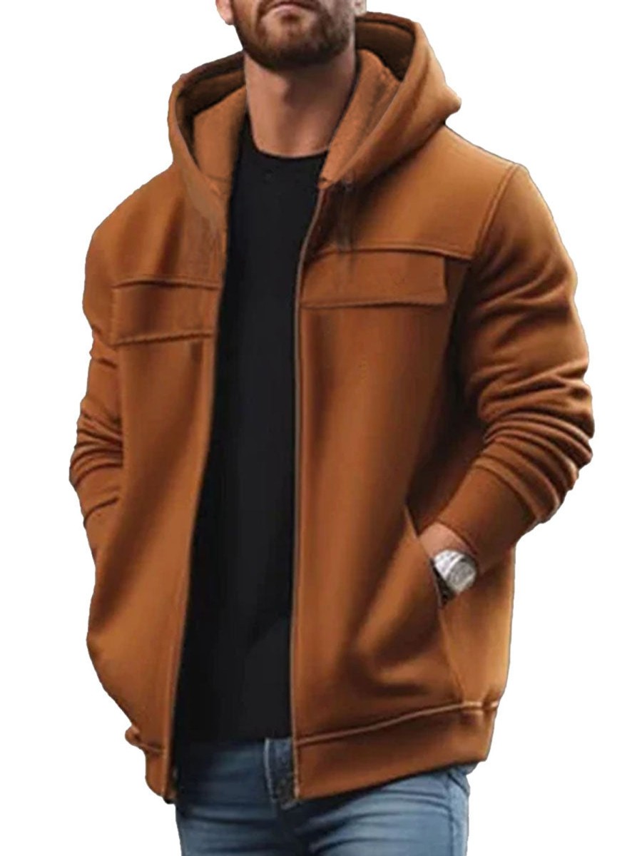 Men DJ Cardigan | Contrast Color Hooded Zip Pocket Sweatshirt Cardigan Brown