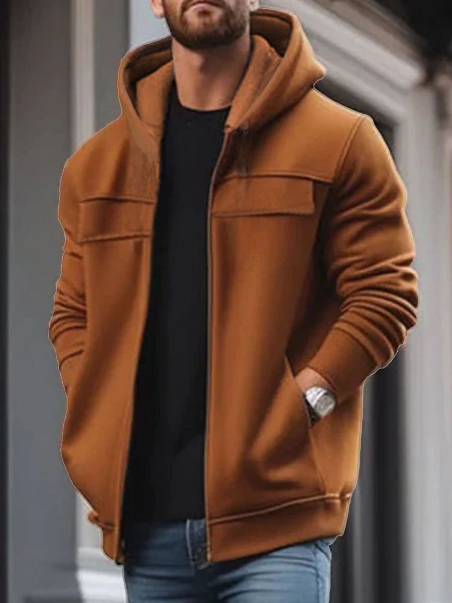 Men DJ Cardigan | Contrast Color Hooded Zip Pocket Sweatshirt Cardigan Brown