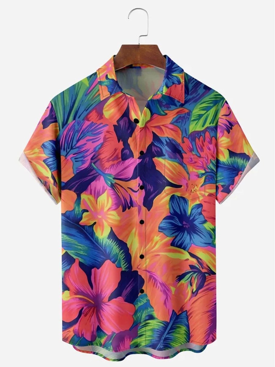 Men DJ Shirts | Tropical Floral Chest Pocket Short Sleeve Hawaiian Shirt Red