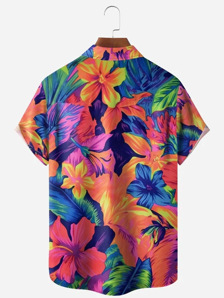 Men DJ Shirts | Tropical Floral Chest Pocket Short Sleeve Hawaiian Shirt Red