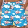 Men DJ Bottoms | Cartoon Flying Pig Print Two-Pocket Shorts Blue