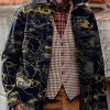 Men DJ Print Jacket | Vintage And Gold Printed Corduroy Pocket Lapel Jacket Black