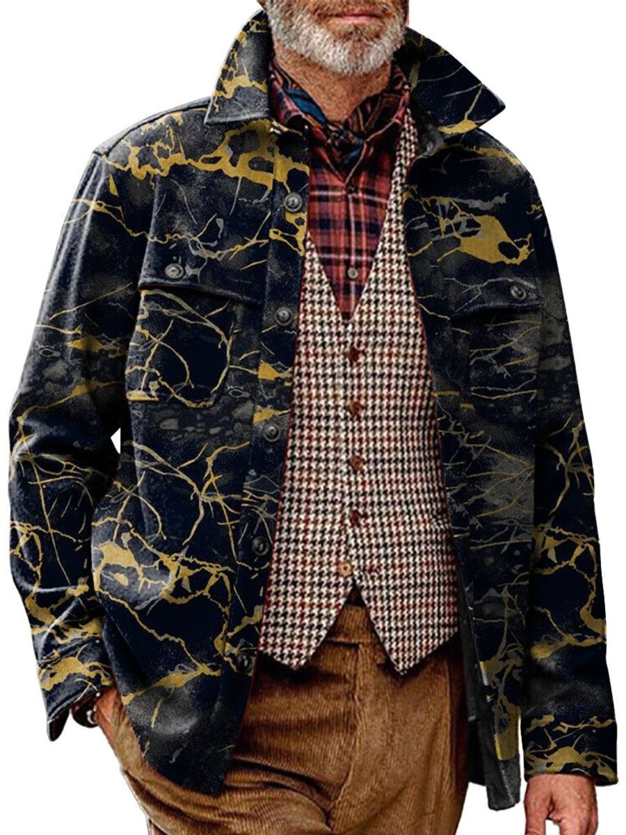 Men DJ Print Jacket | Vintage And Gold Printed Corduroy Pocket Lapel Jacket Black