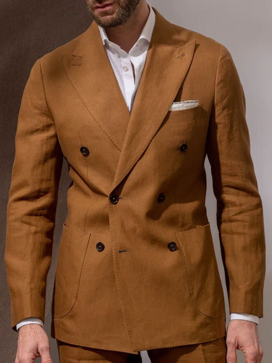 Men BXL Jacket | Men'S Solid Color Multi-Pocket Lapel Double-Breasted Casual Blazer Caramel Colour