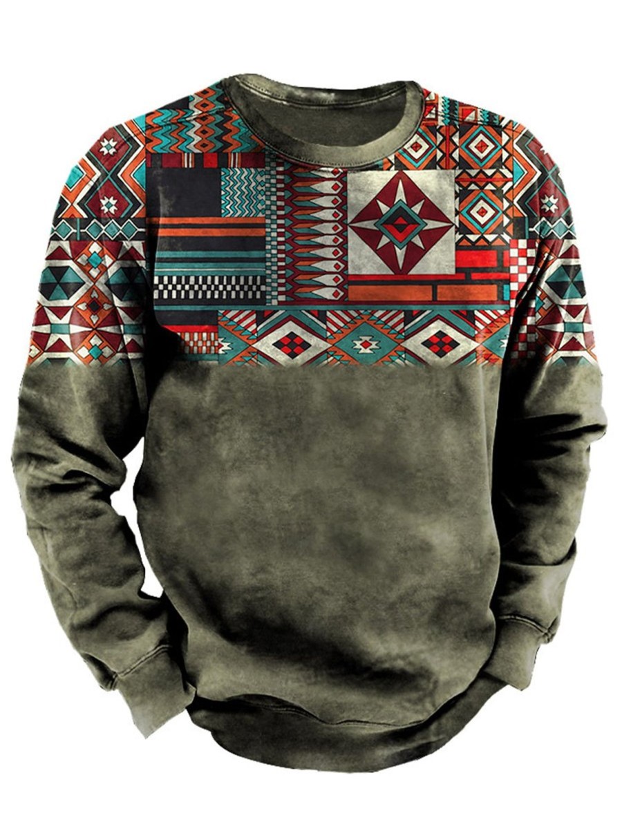 Men HLJ T-Shirts | Men'S Outdoor Western Ethnic Print Crew Neck Sweatshirt