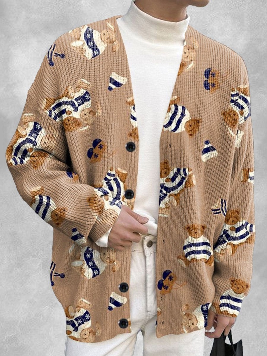 Men DJ Print Cardigan | Retro Cartoon Bear Print Single-Breasted Casual Knitted Cardigan Khaki