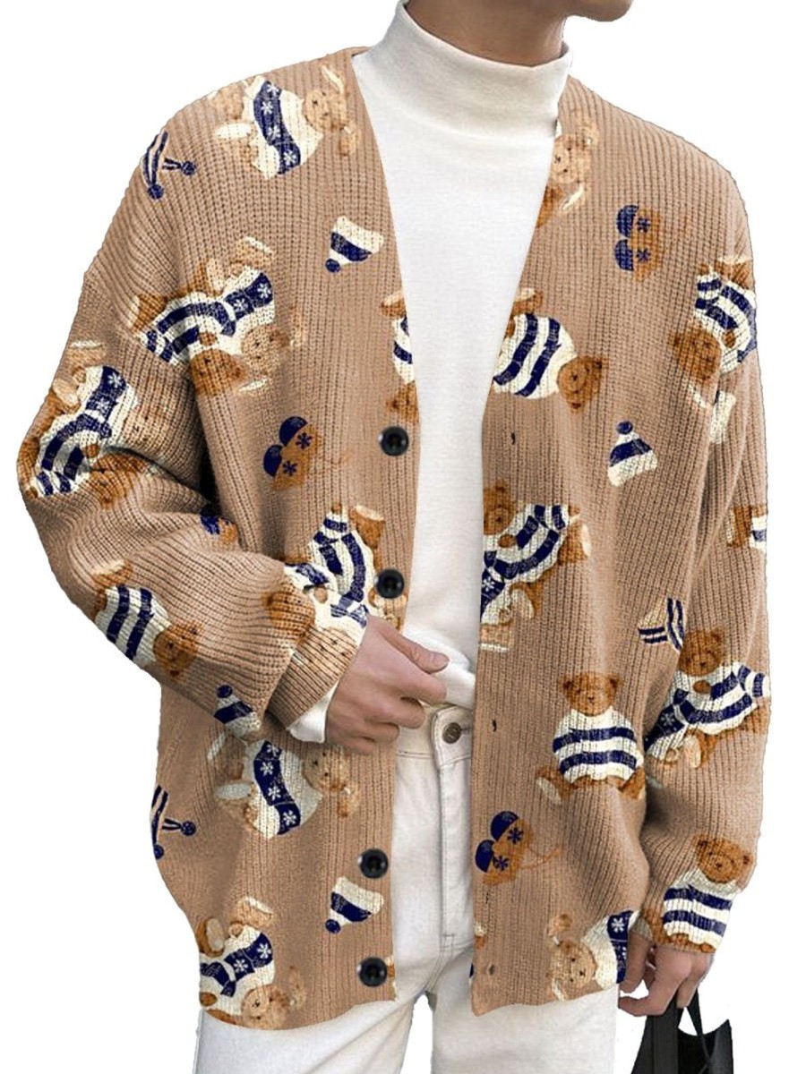 Men DJ Print Cardigan | Retro Cartoon Bear Print Single-Breasted Casual Knitted Cardigan Khaki