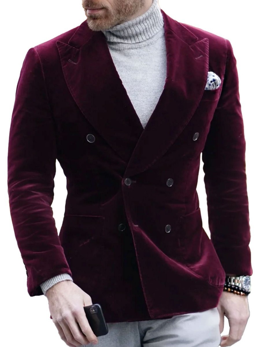 Men BXL Jacket | Men'S Vintage Velvet Double-Breasted Lapel Casual Blazer Wine Red