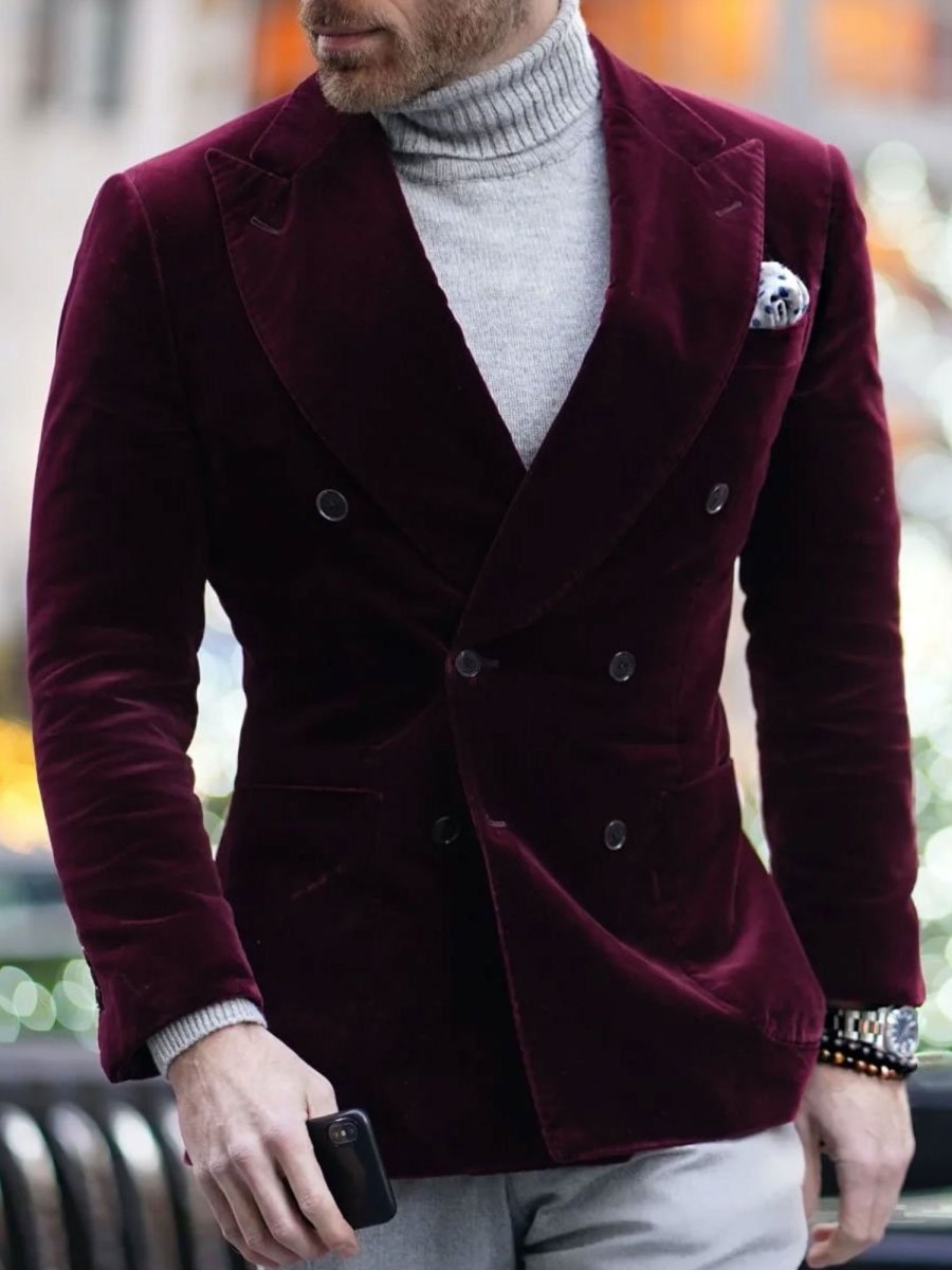 Men BXL Jacket | Men'S Vintage Velvet Double-Breasted Lapel Casual Blazer Wine Red