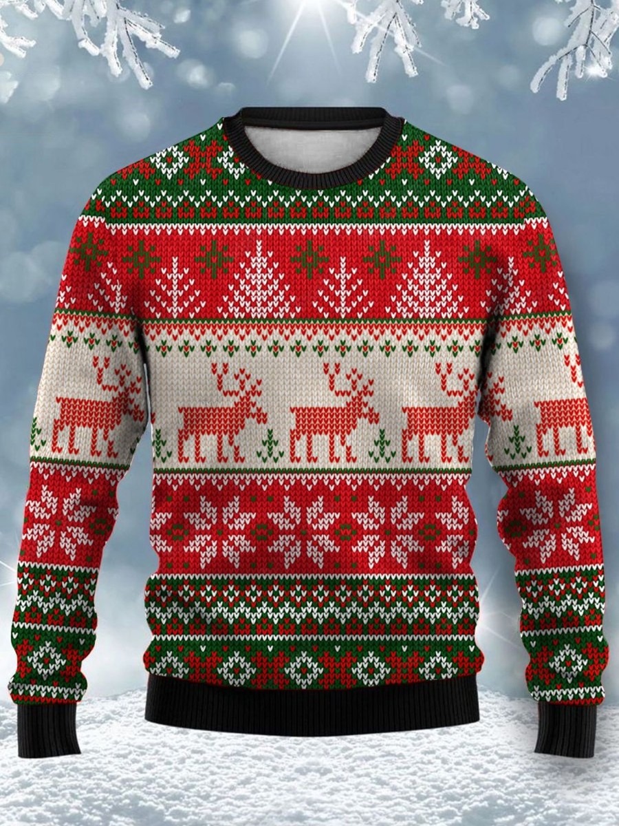 Men DJ Ugly Sweater | Vintage Elk Snow Print Crew Neck Sweatshirt Red