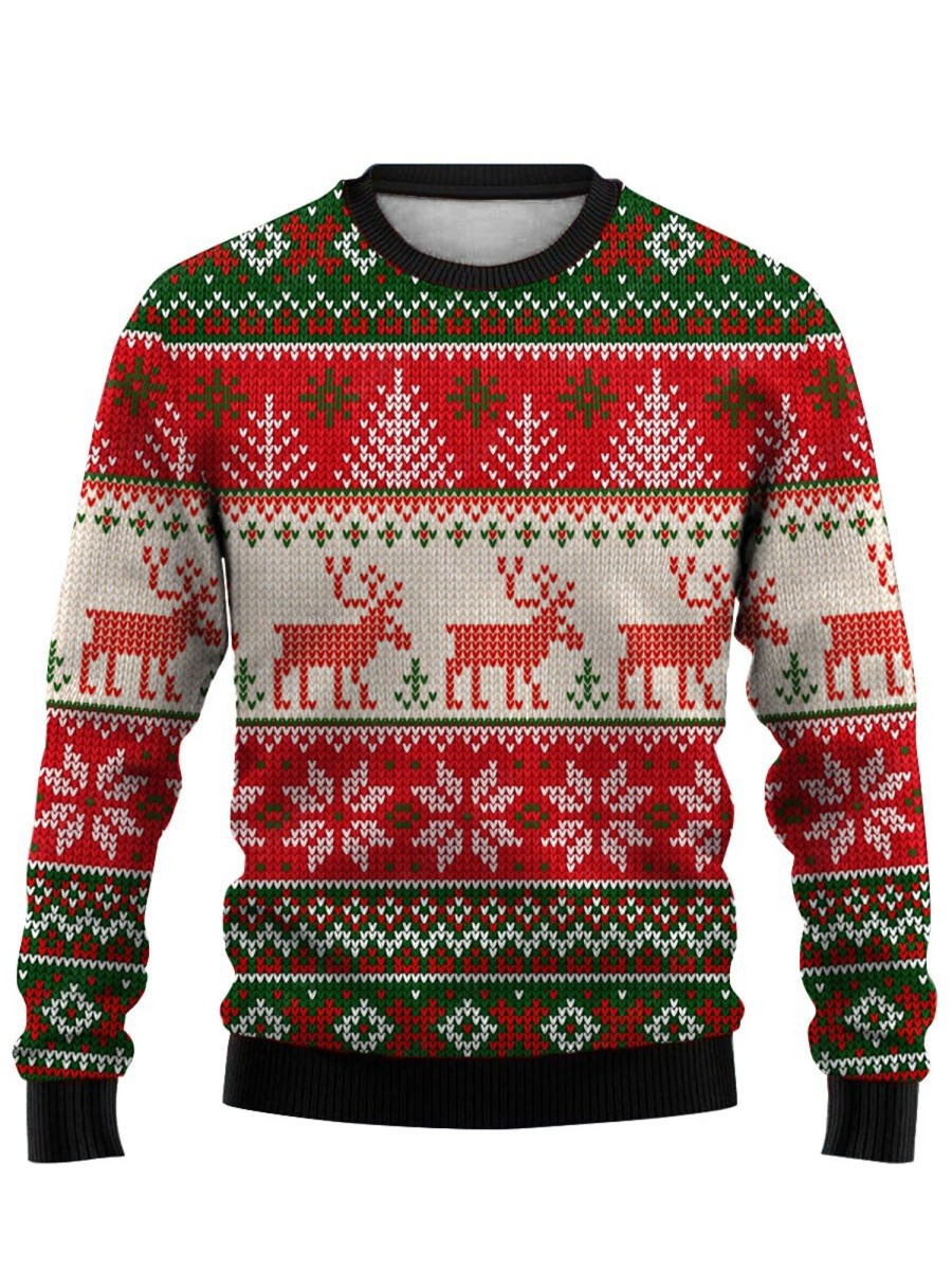 Men DJ Ugly Sweater | Vintage Elk Snow Print Crew Neck Sweatshirt Red