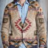 Men BXL Print Cardigan | Men'S Casual Retro Ethnic Sweater Button Cardigan Khaki