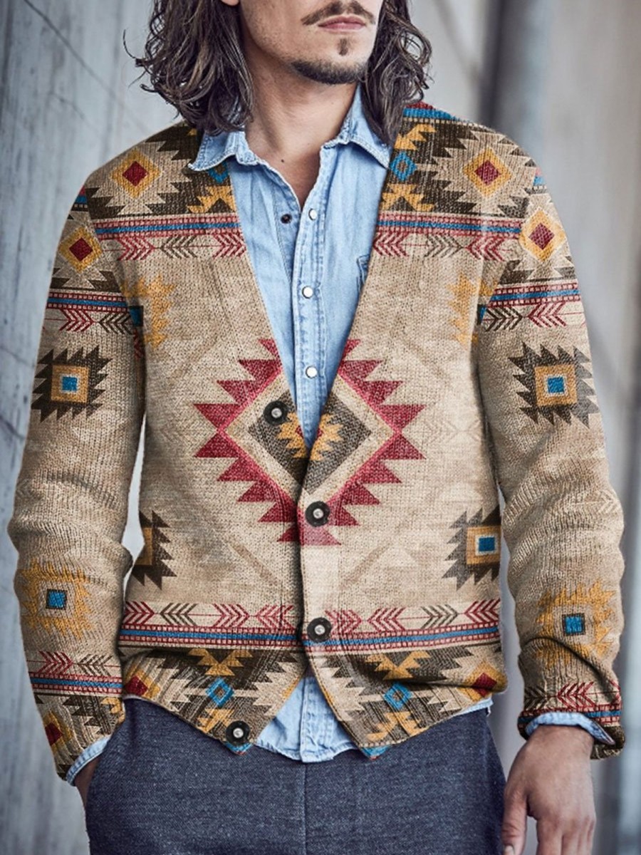 Men BXL Print Cardigan | Men'S Casual Retro Ethnic Sweater Button Cardigan Khaki