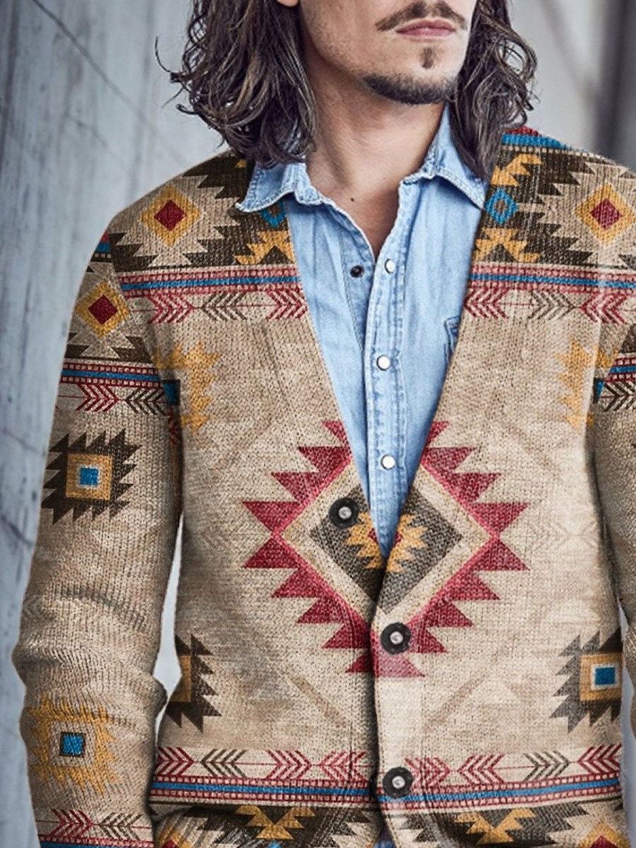 Men BXL Print Cardigan | Men'S Casual Retro Ethnic Sweater Button Cardigan Khaki