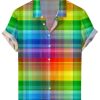 Men DJ Shirts | Rainbow Gradient Check Print Short Sleeve Shirt Photo Color