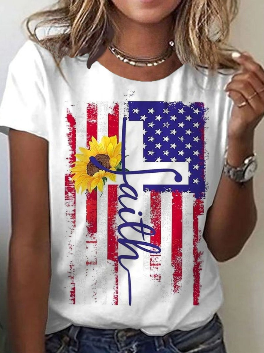 Women DJ | Crew Neck Flag Letter Print Casual Short Sleeve T-Shirt White