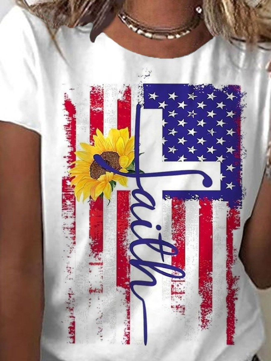 Women DJ | Crew Neck Flag Letter Print Casual Short Sleeve T-Shirt White