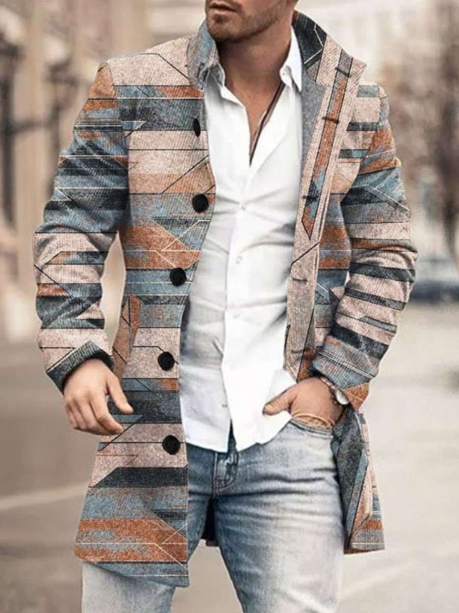 Men BXL Print Jacket | Men'S Casual Single-Breasted Stand-Collar Color Block Geometric Wool Coat Photo Color