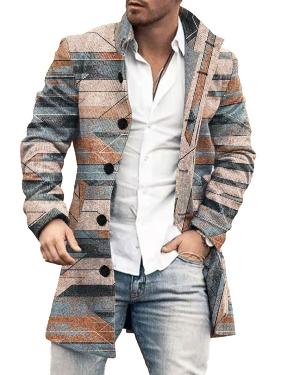 Men BXL Print Jacket | Men'S Casual Single-Breasted Stand-Collar Color Block Geometric Wool Coat Photo Color