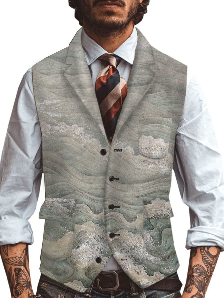 Men TH Vest | Men'S Retro Waves Print Multi-Pocket Casual Vest Photo Color