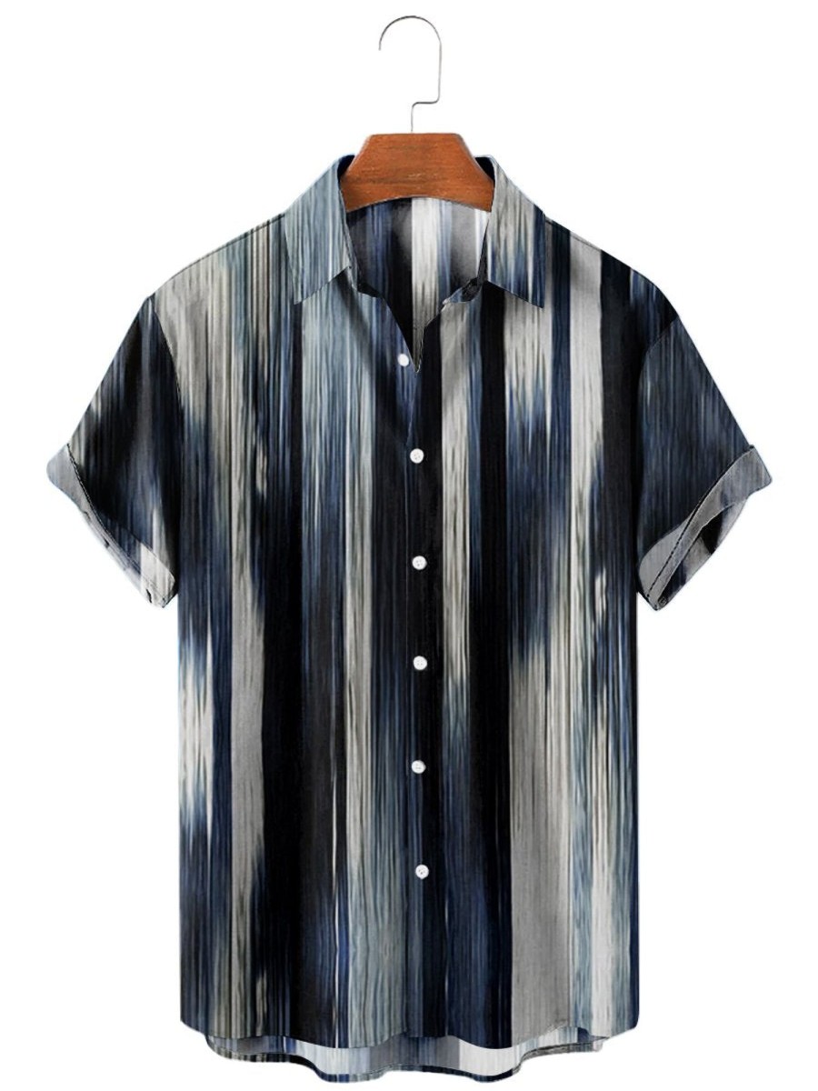 Men HLJ Shirts | Men'S Vintage Stripe Casual Short Sleeve Shirt Blue