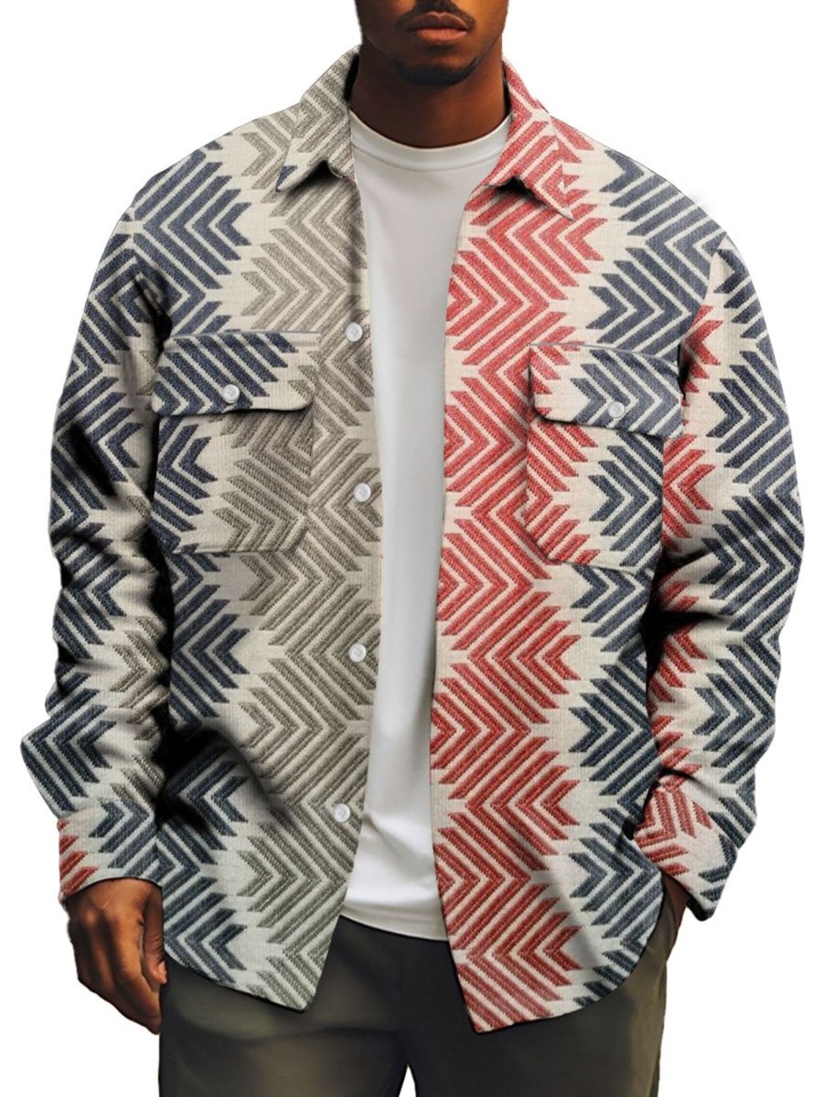 Men BXL Print Jacket | Men'S Casual Multicolor Stripe Print Double Pocket Corduroy Jacket 96049429Xl Khaki