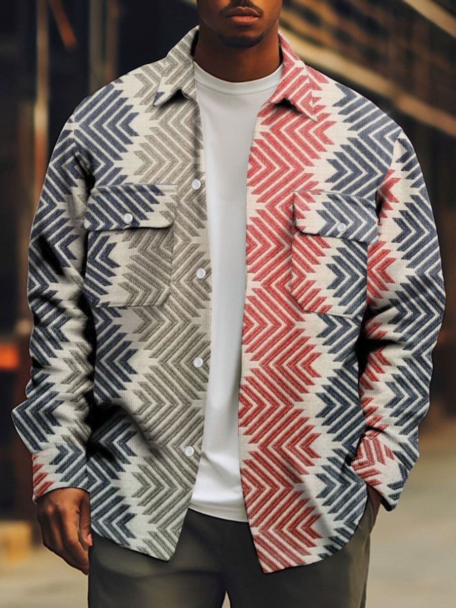 Men BXL Print Jacket | Men'S Casual Multicolor Stripe Print Double Pocket Corduroy Jacket 96049429Xl Khaki