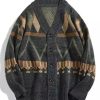 Men DJ Cardigan | Vintage Ethnic Geometric Jacquard Cardigan Dark Gray