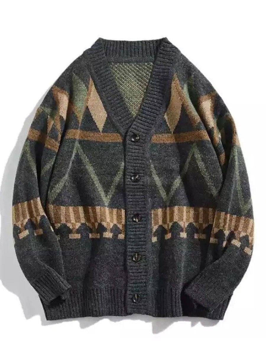 Men DJ Cardigan | Vintage Ethnic Geometric Jacquard Cardigan Dark Gray