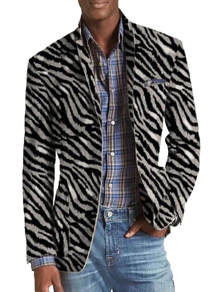 Men DJ Print Jacket | Retro Zebra Print 3-Pocket Lapel Casual Blazer Gray