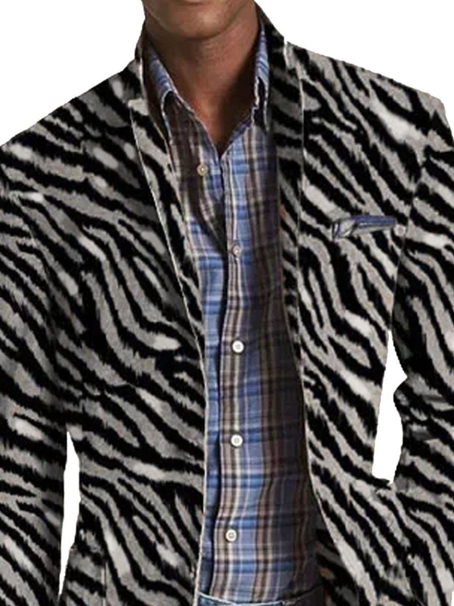 Men DJ Print Jacket | Retro Zebra Print 3-Pocket Lapel Casual Blazer Gray