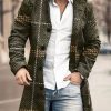 Men DJ Print Jacket | Retro Large Plaid Stand Collar Single Breasted Printed Double Pocket Woolen Coat Army Green