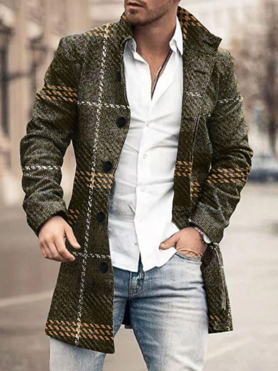 Men DJ Print Jacket | Retro Large Plaid Stand Collar Single Breasted Printed Double Pocket Woolen Coat Army Green