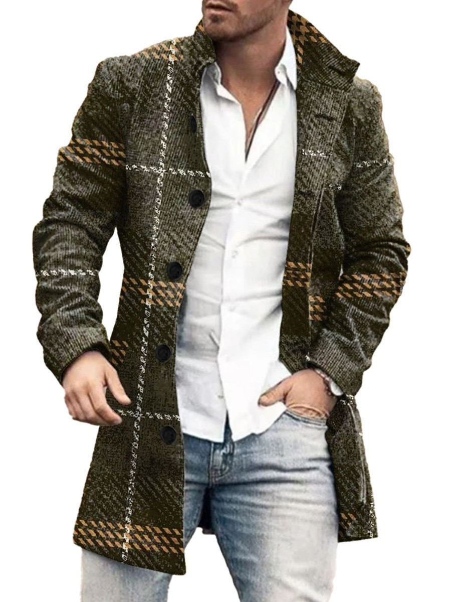 Men DJ Print Jacket | Retro Large Plaid Stand Collar Single Breasted Printed Double Pocket Woolen Coat Army Green