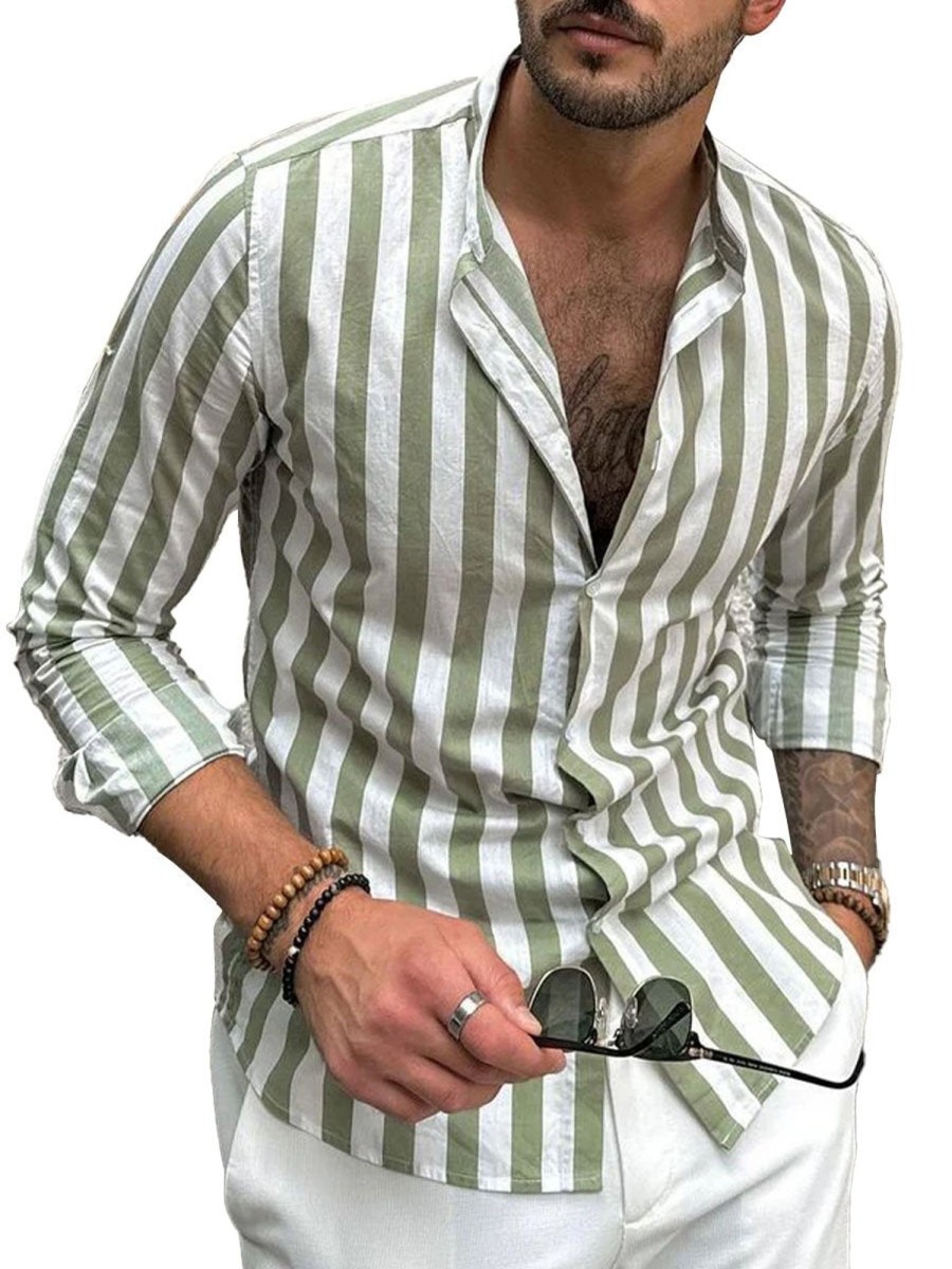 Men DJ Casual Long Sleeve Shirts | Retro Striped Casual Long Sleeve Shirt Photo Color