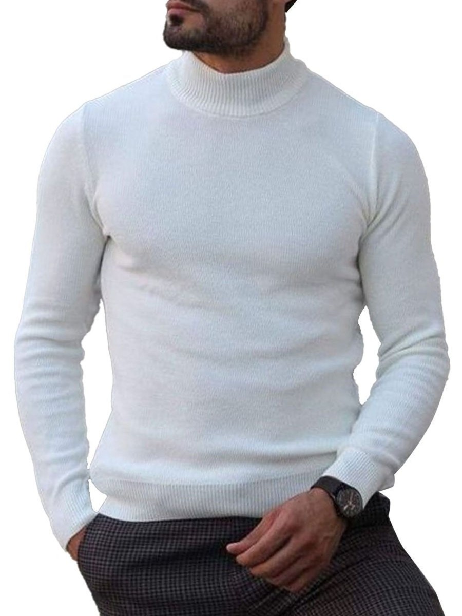 Men DJ Sweater | Versatile Turtleneck Knitted Pullover Sweater White