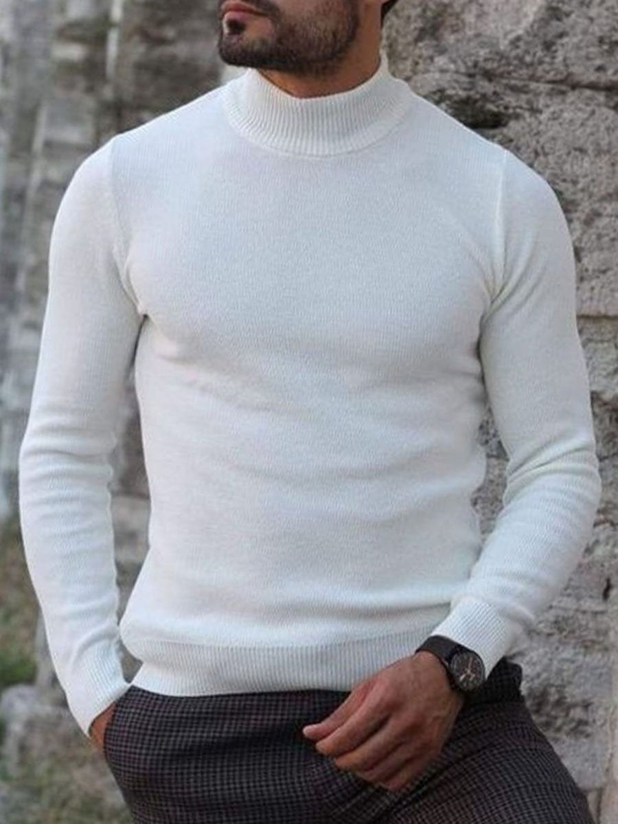 Men DJ Sweater | Versatile Turtleneck Knitted Pullover Sweater White