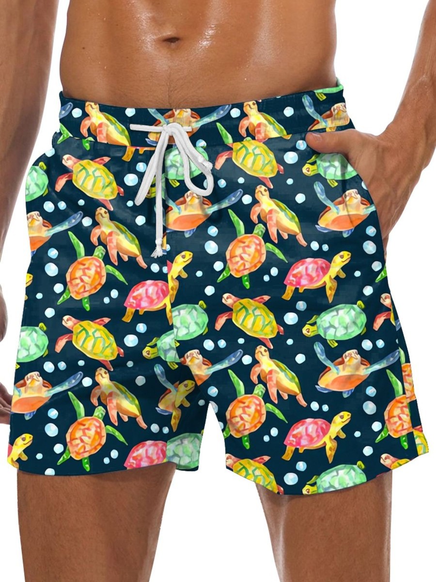 Men DJ Bottoms | Colorful Turtle Print Double Pocket Lace Up Shorts Photo Color