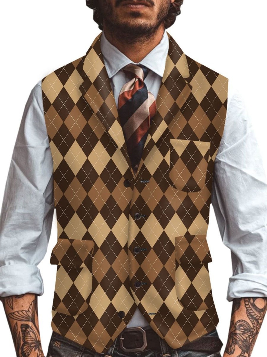 Men TH Vest | Men'S Retro Multi-Pocket Rhombus Plaid Printed Casual Vest Brown