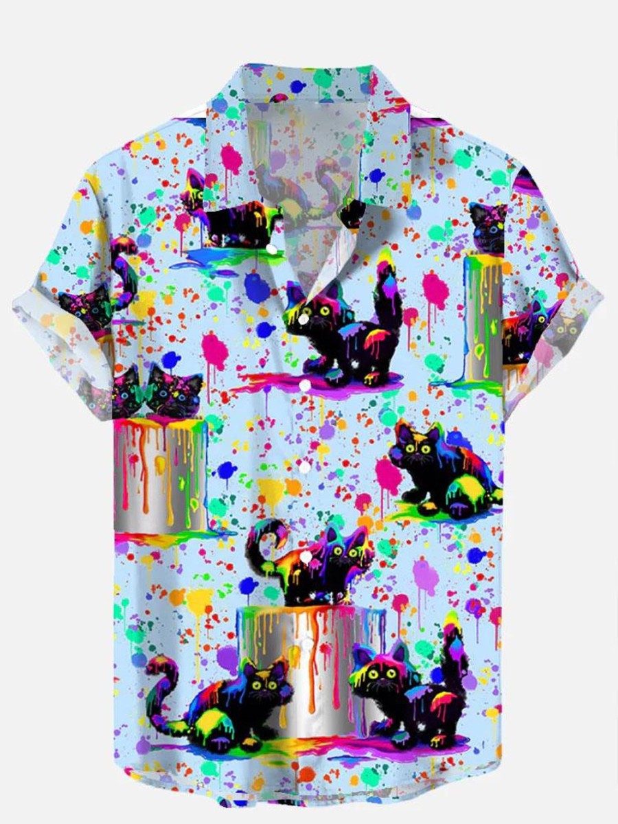 Men DJ Shirts | Black Cats And Paint Cans Printing Short Sleeve Shirt Blue