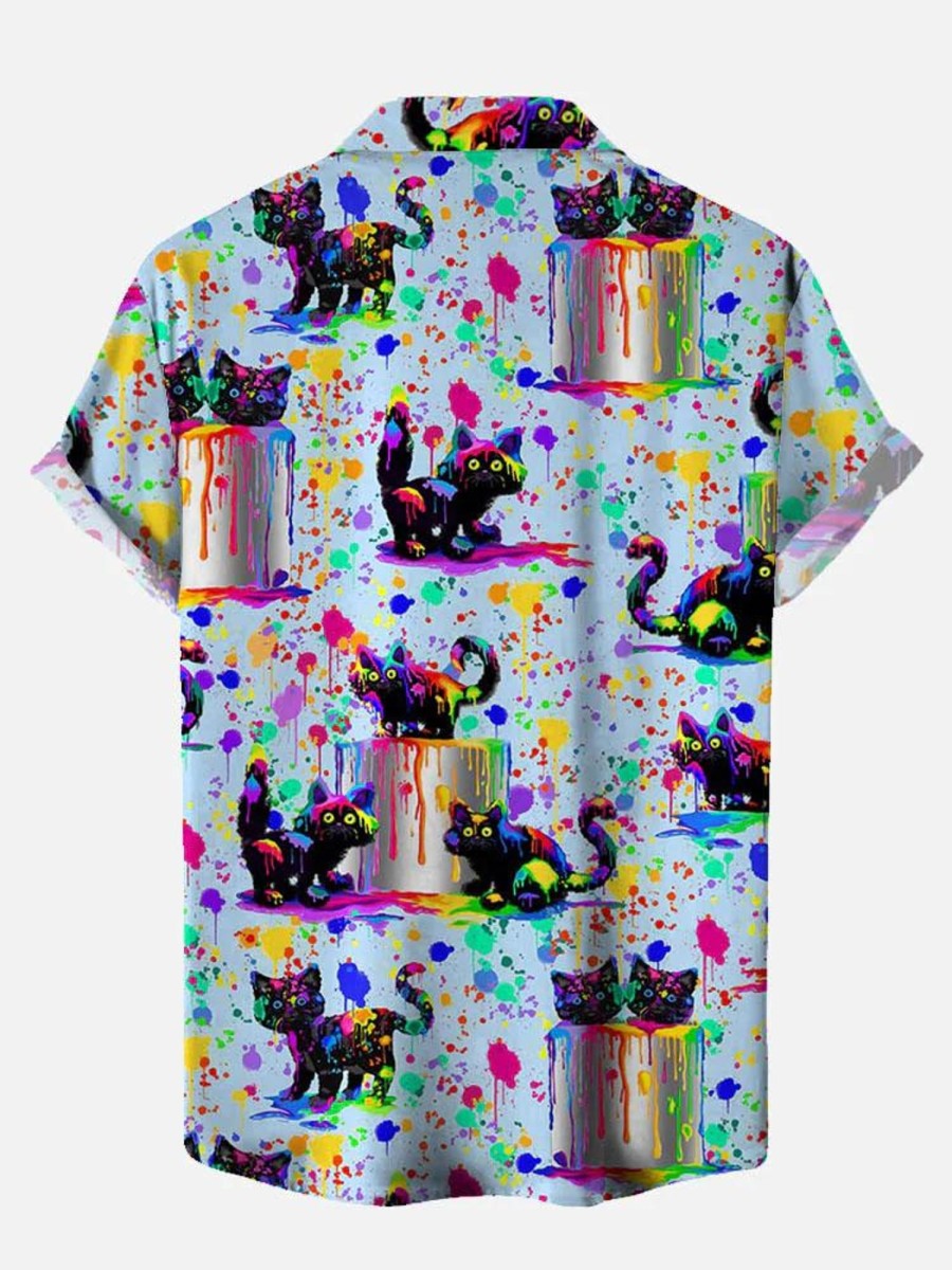 Men DJ Shirts | Black Cats And Paint Cans Printing Short Sleeve Shirt Blue