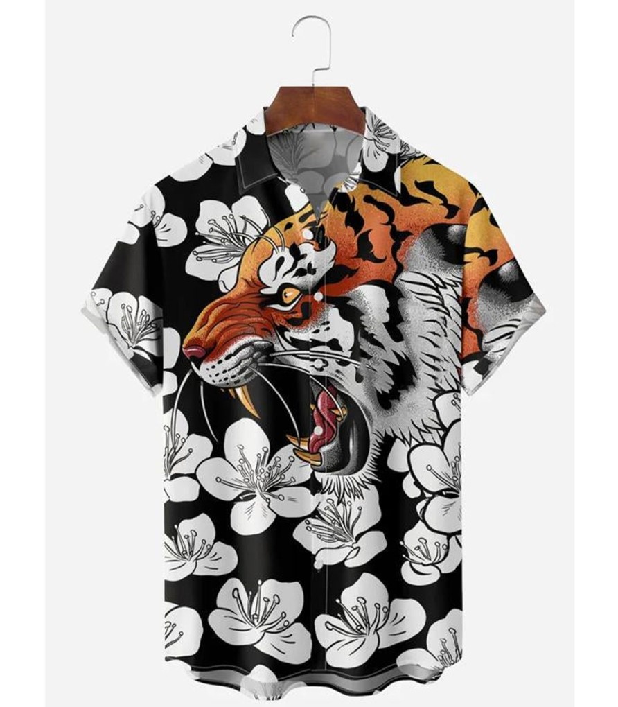 Men DJ Shirts | Sakura Tiger Short Sleeve Casual Shirt Photo Color